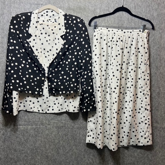 Vintage 60s 70s ILGWU Mod Skirt Suit Set‎ Black White Geometric Print Sz 8 - Picture 1 of 16
